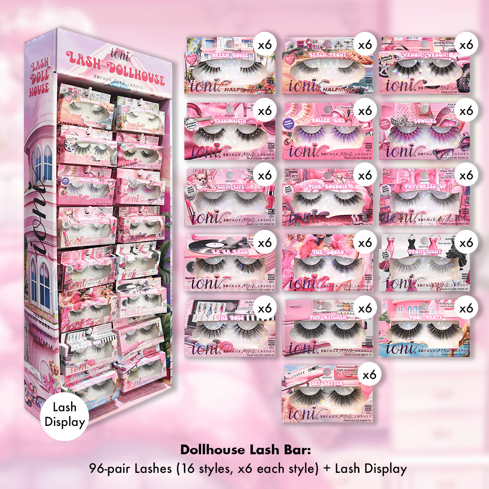 Dollhouse Full Bar: 96-pair Lashes (16 Styles) + Lash Bar Display